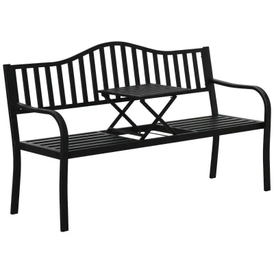 2-Sitzer Gartenbank mit ausziehbarem Tisch, Metall, Schwarz, 150 x 58,5 x 90 cm