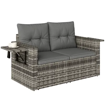 Teilbares 2-Sitzer Rattansofa mit Kissen Klappbar Seitentabletts Loungesofa Sitzgruppe Hellgrau