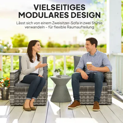Teilbares 2-Sitzer Rattansofa mit Kissen Klappbar Seitentabletts Loungesofa Sitzgruppe Hellgrau