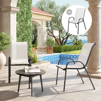 2er-Set Stapelbare Gartenstühle mit Armlehnen, Stahl/Texteline, 54x71x93 cm, Hellgrau
