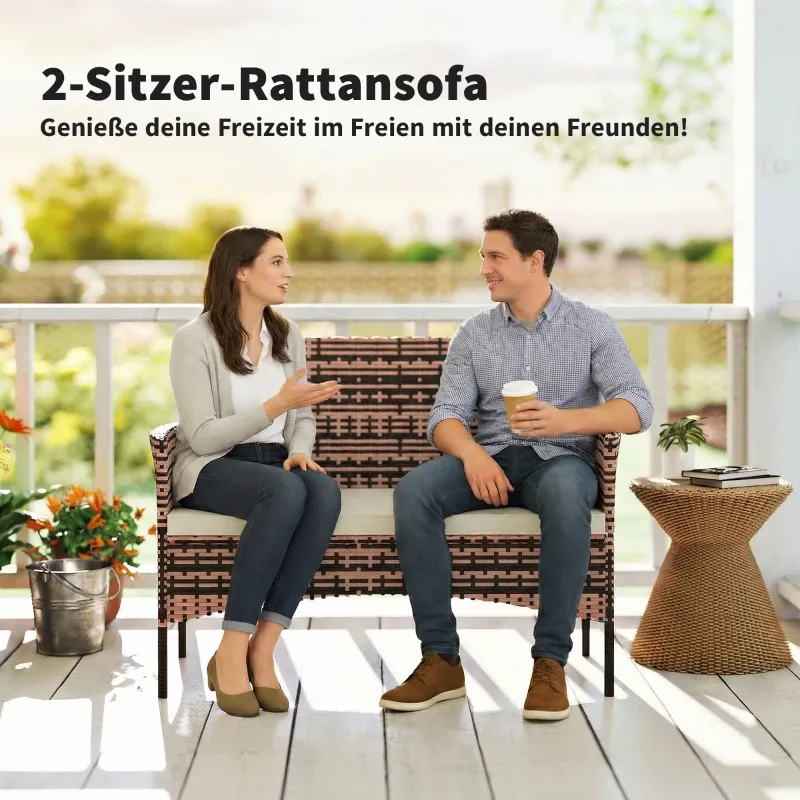 Rattan Gartensofa, Gartenbank 2-Sitzer | PE-Rattan & Polster | Khaki
