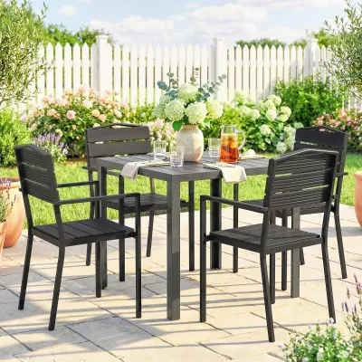 Gartenstühle 4er-Set stapelbar | Lamellendesign &amp; HDPE | Schwarz