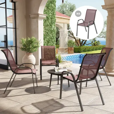 Gartenstühle 4er-Set stapelbar | Netzsitz & Stahlrahmen | Dunkelbraun