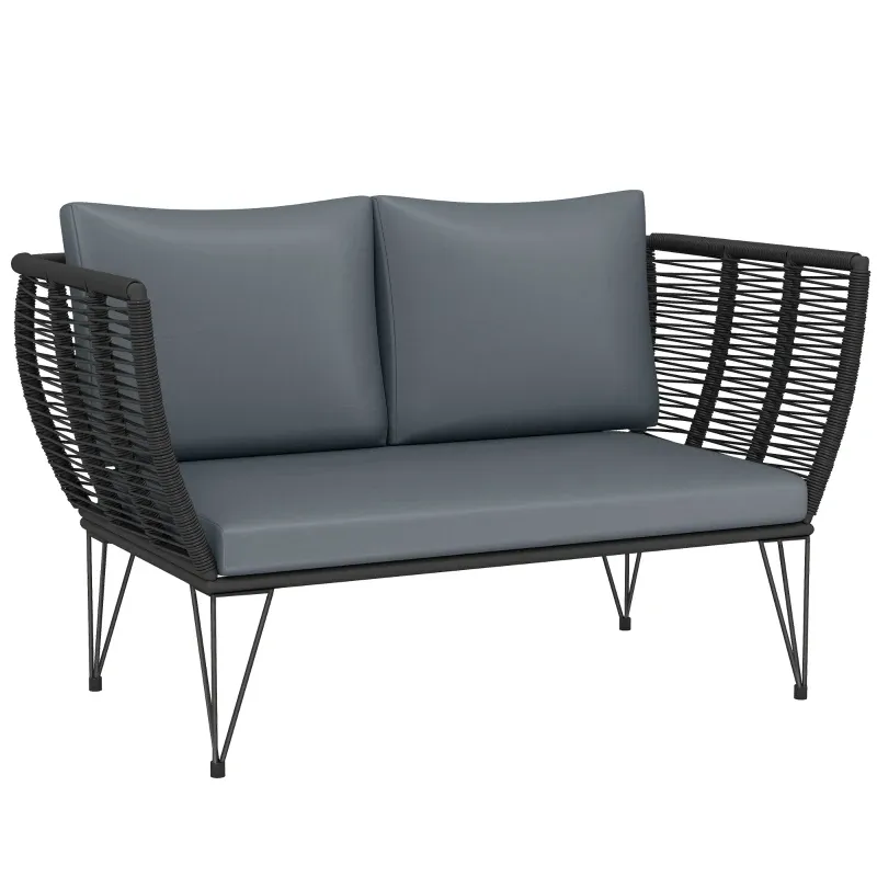 Rattan-Gartensofa, Gartenbank 2-Sitzer mit Kissen | Hellgrau