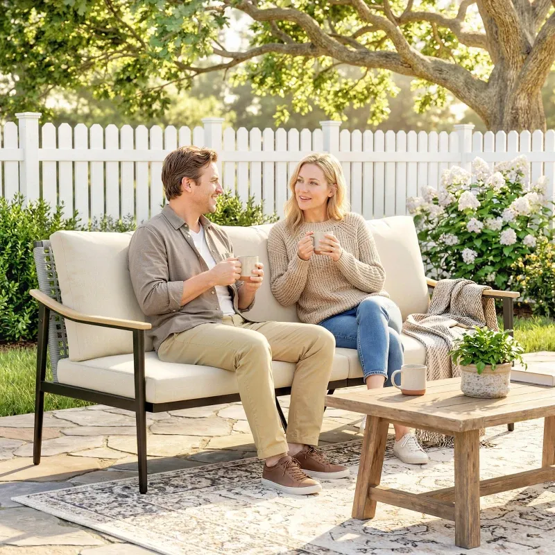 Gartenbank, Gartensofa 3-Sitzer | Rattan & Holzoptik-Armlehnen | Khaki
