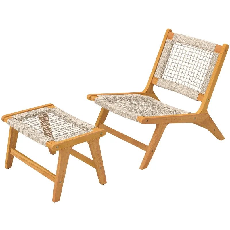 Gartensessel mit Hocker | Akazienholz &amp; Rattan-Sitz | Boho