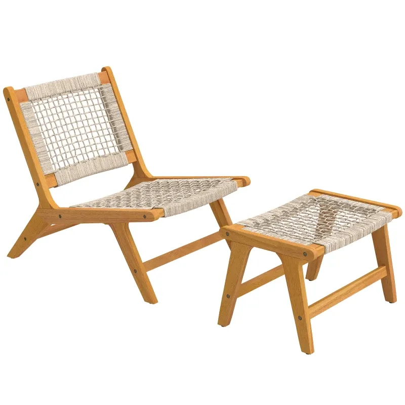 Gartensessel mit Hocker | Akazienholz &amp; Rattan-Sitz | Boho