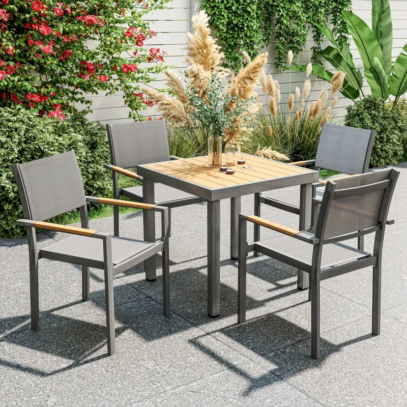 Gartenstühle 4er-Set | Esszimmerstühle, Holzoptik-Armlehnen & Textilene | Hellgrau
