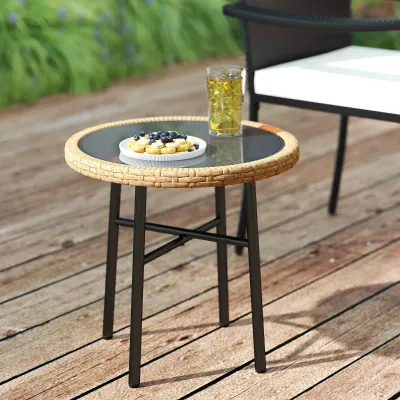 Rattan-Garten-Couchtisch rund | Geflecht & Glasplatte | Natur