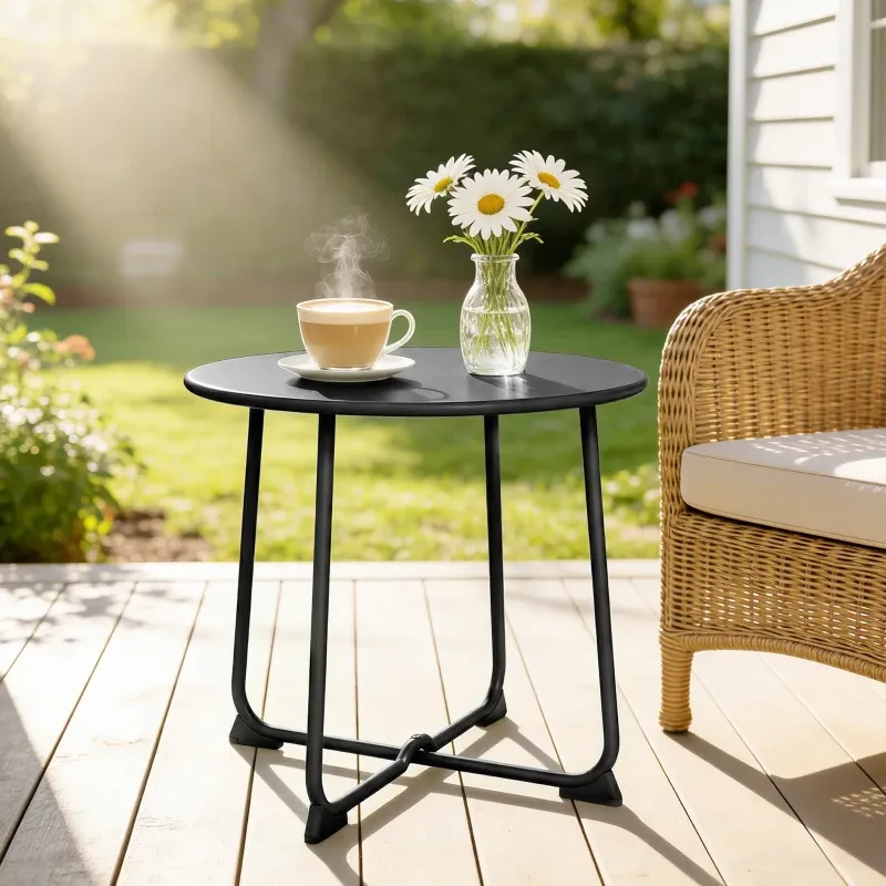 Outdoor-Tisch rund 50 cm | Metall & X-Gestell | Schwarz