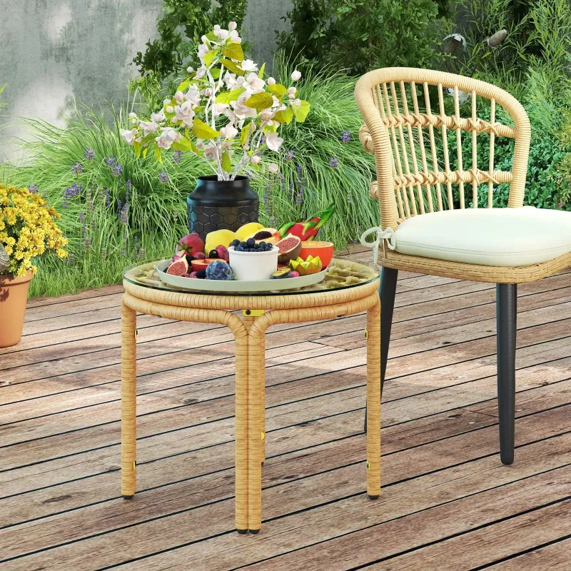 Rattan-Beistelltisch rund | Glasplatte & wetterfest | Natur