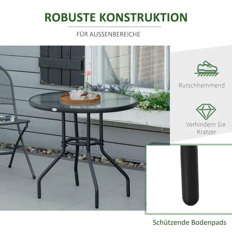 Gartentisch Bistrotisch rund | Schirmloch & Hartglas | Schwarz
