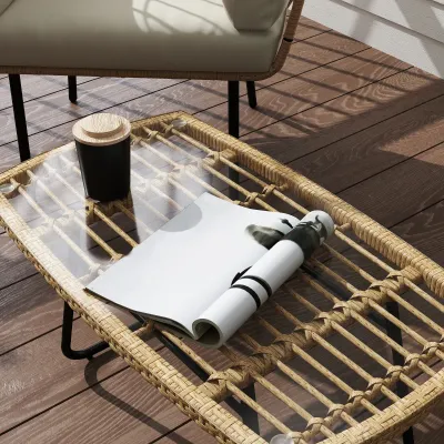 Rattan-Gartentisch | Glasplatte & UV-beständig | Naturholz