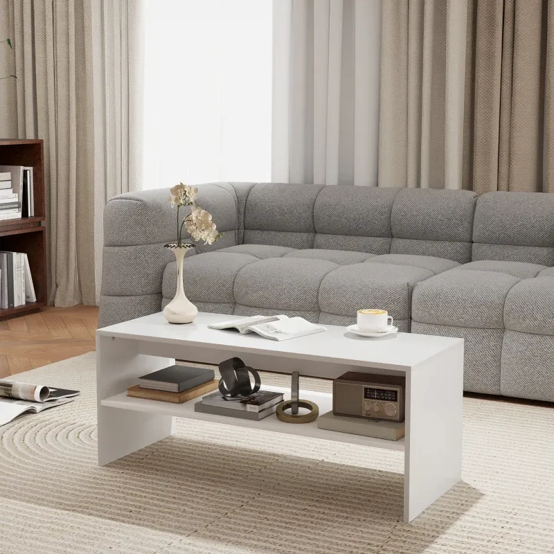 Holz Couchtisch modern | 2 Ebenen & offene Ablage | Weiss