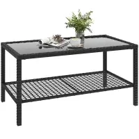 Rattan-Couchtisch zweistufig | Glasplatte &amp; Ablage | Schw