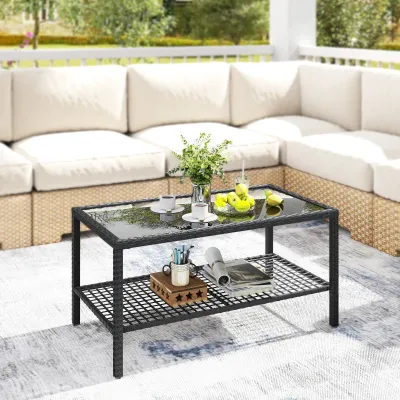 Rattan-Couchtisch zweistufig | Glasplatte & Ablage | Schw