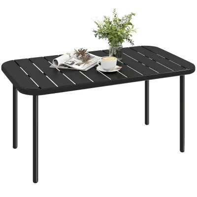 Gartentisch, Outdoor-Couchtisch rechteckig | Metall &amp; Lamellentischplatte | Schwarz