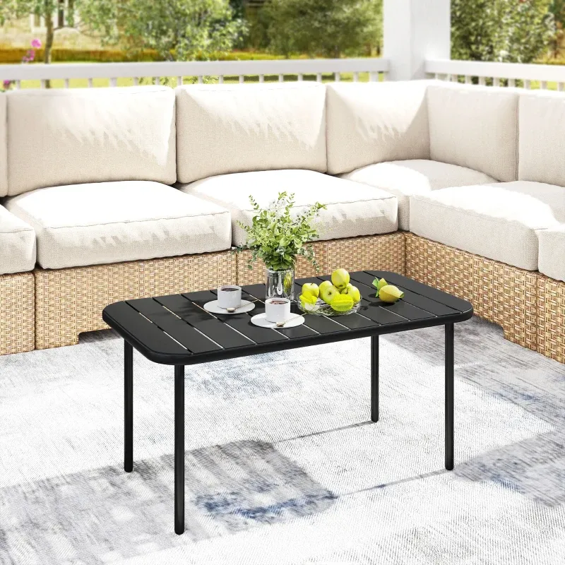 Gartentisch, Outdoor-Couchtisch rechteckig | Metall & Lamellentischplatte | Schwarz