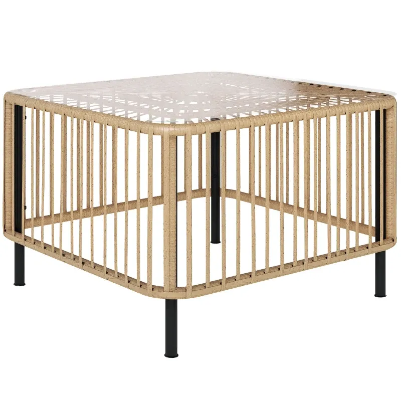 Rattan-Gartentisch quadratisch | Glasplatte &amp; Sonnenstrahl-Design | Naturholz