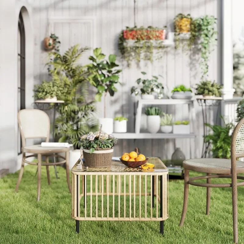 Rattan-Gartentisch quadratisch | Glasplatte & Sonnenstrahl-Design | Naturholz