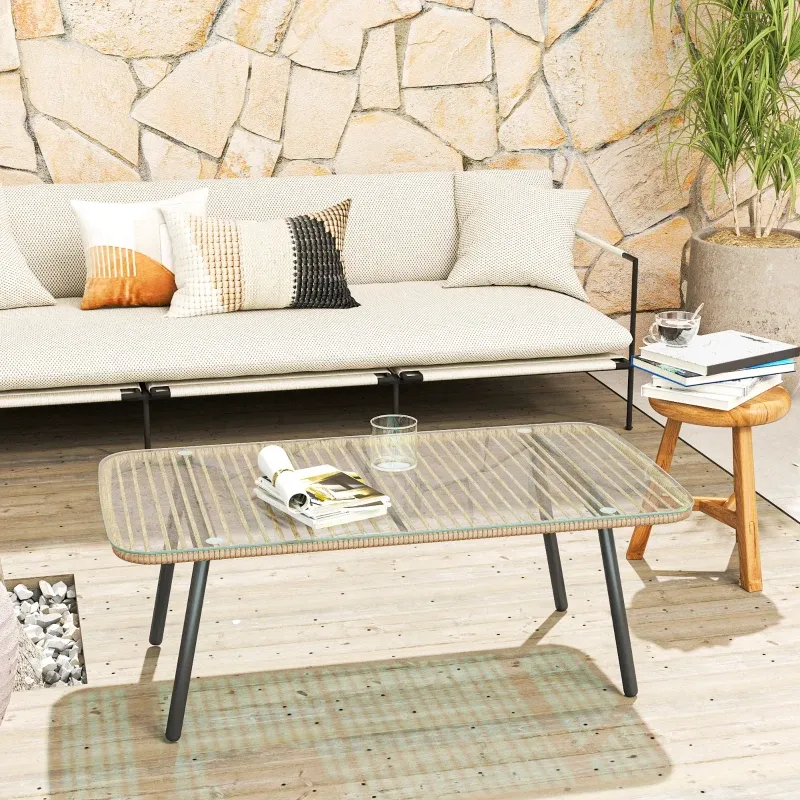 Garten-Couchtisch | Glasplatte & Holzoptik | Natur
