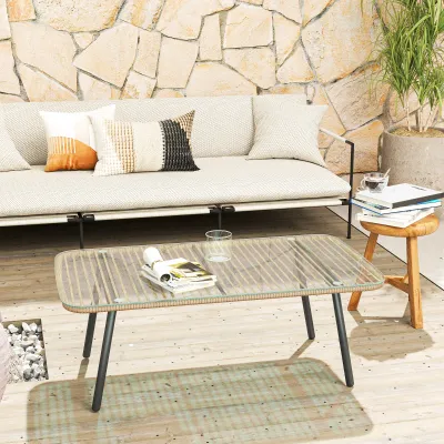 Garten-Couchtisch | Glasplatte & Holzoptik | Natur