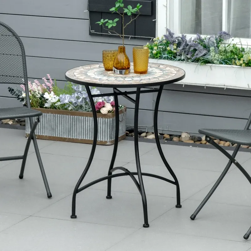 Gartentisch Mosaiktisch rund | Keramik & Metall | Grün+Beige+Weiss