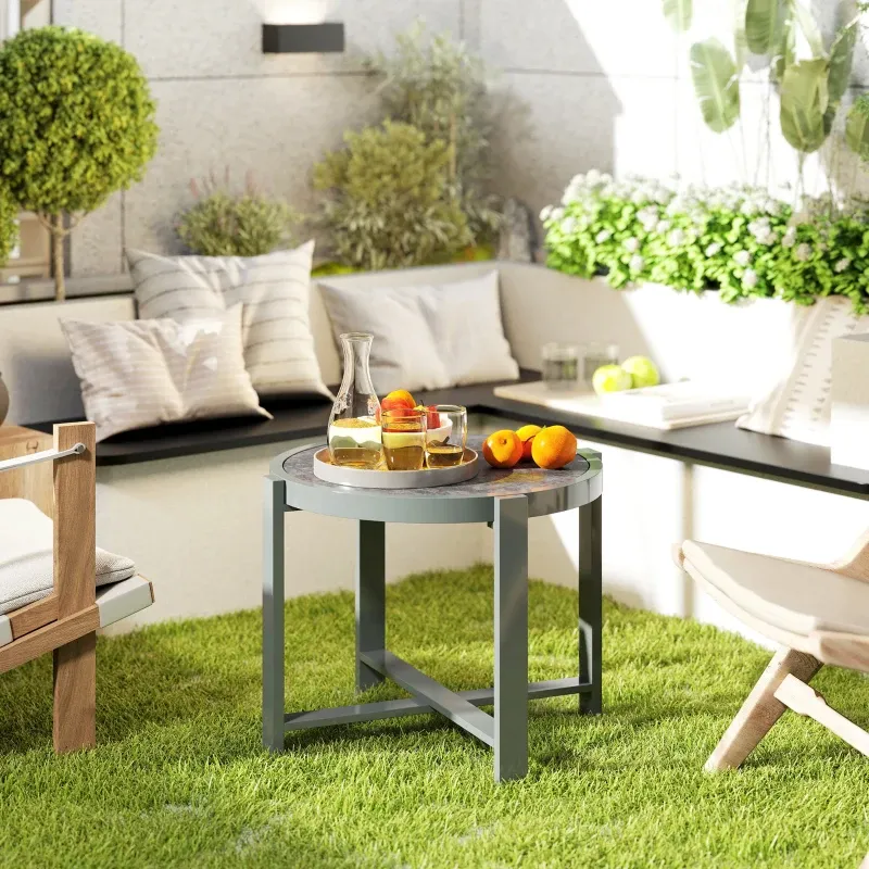 Beistelltisch Gartentisch rund | Marmoroptik & Aluminium | Grau