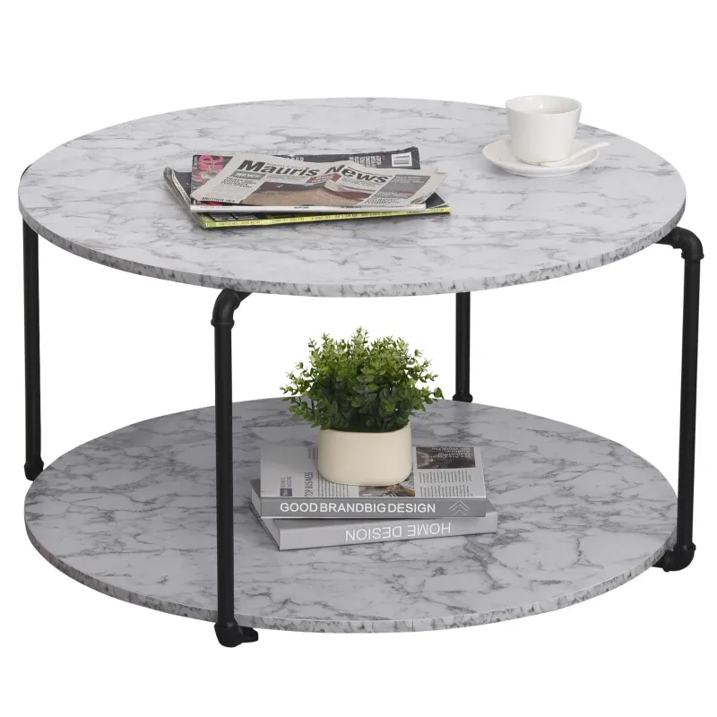 Couchtisch rund mit Regal | Marmorimitat &amp; Metall | Weiss