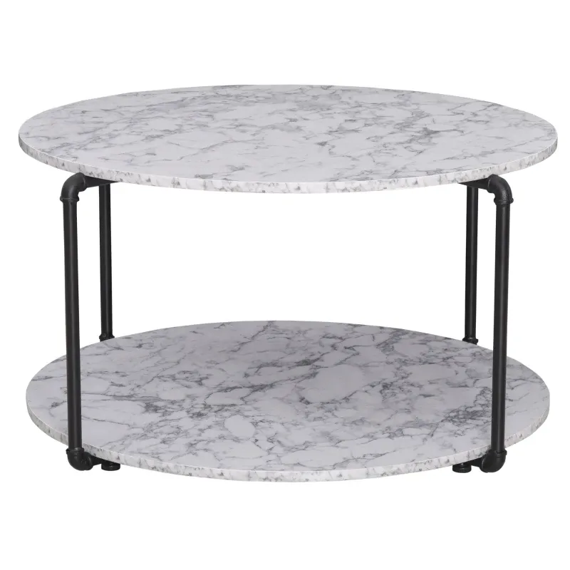 Couchtisch rund mit Regal | Marmorimitat & Metall | Weiss