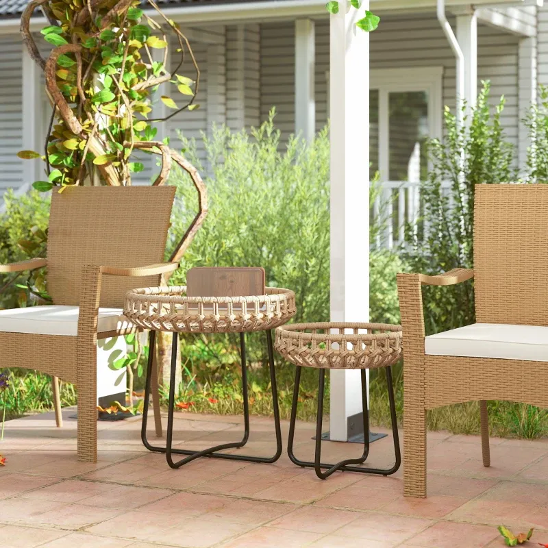 Rattan-Beistelltisch 2er Set | X-Beine & wetterfest | Braun