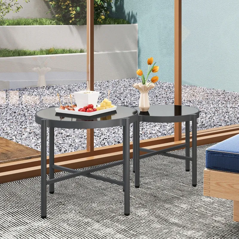 Garten-Couchtische 2er-Set | Glasplatte & Aluminium | Schwarz