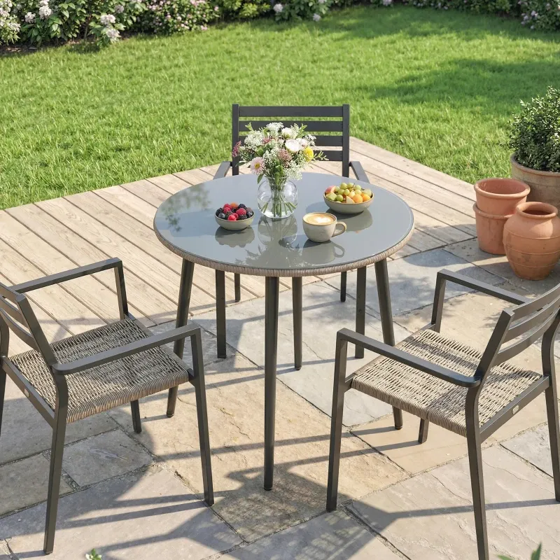 Gartentisch Esstisch | Stahlrahmen & PE-Rattan-Rand | Grau