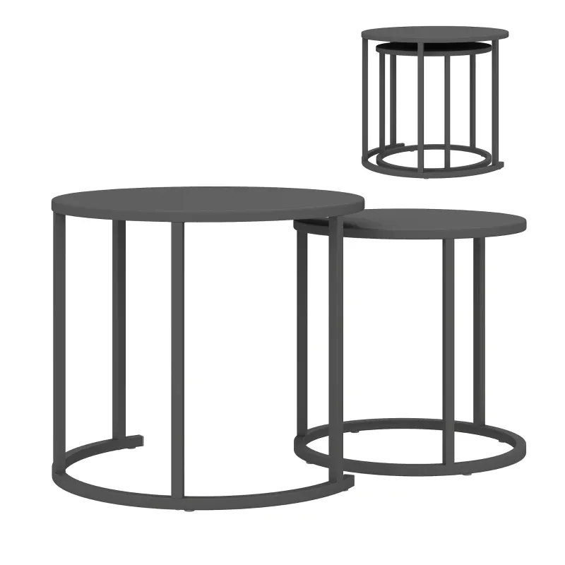Beistelltisch, Gartentisch 2er Set stapelbar | Rund &amp; Metall | Dunkelgrau
