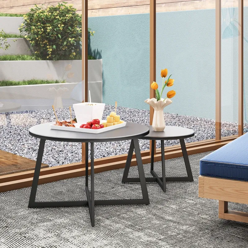 Beistelltisch, Gartentisch 2er Set stapelbar | Glasplatte & X-Beine | Schwarz+Grau