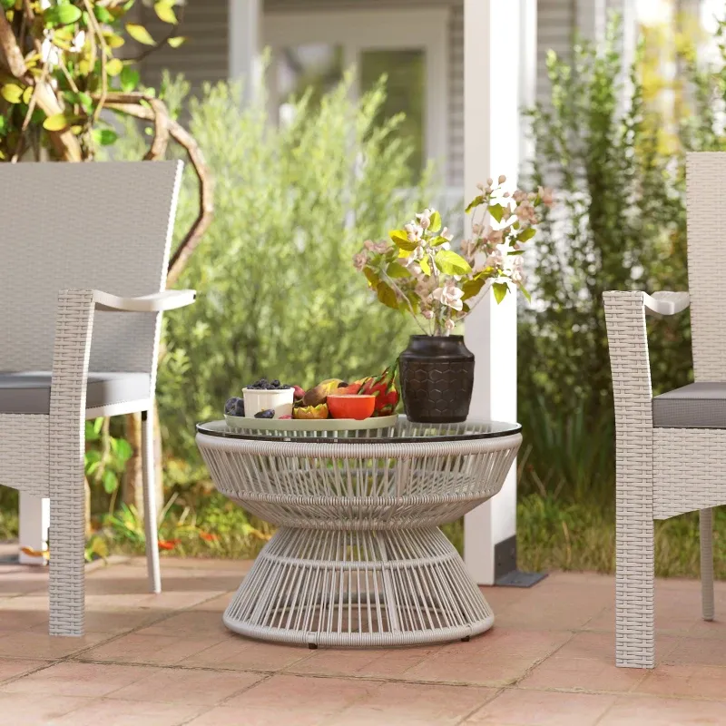 Runder Gartentisch | Glasplatte & PE-Rattan | Hellgrau