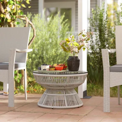 Runder Gartentisch | Glasplatte &amp; PE-Rattan | Hellgrau