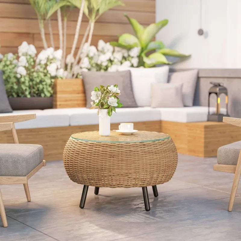 Rattan-Beistelltisch rund | Glasplatte & wetterfest | Braun