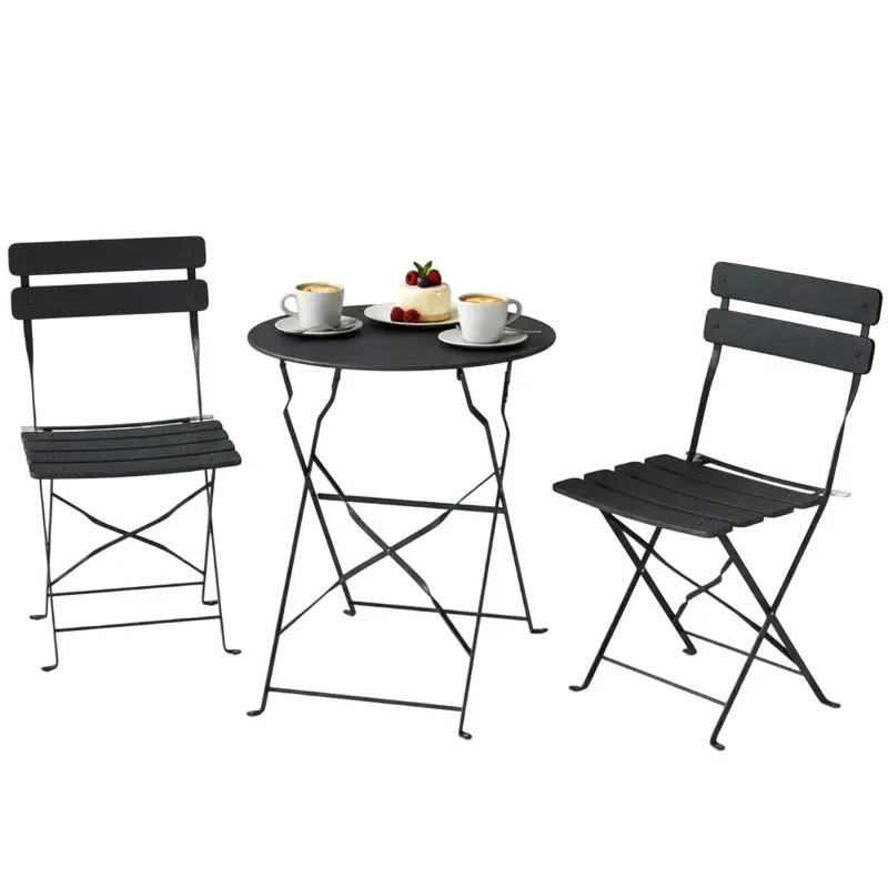 Bistro-Garten-Set 3-teilig | Klappbare Lamellenstühle &amp; Doppelschutz | Schwarz