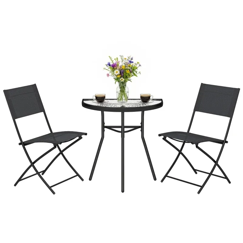 Balkon-Bistro-Set 3-teilig | Klappbare Stühle &amp; halbkreisförmiger Glastisch | Schwarz