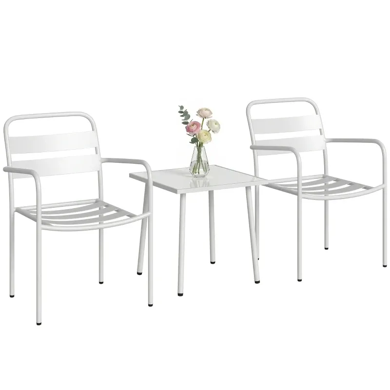 Metall Gartenmöbel-Set 3-teilig | Glastisch &amp; Lamellen-Design | Weiss