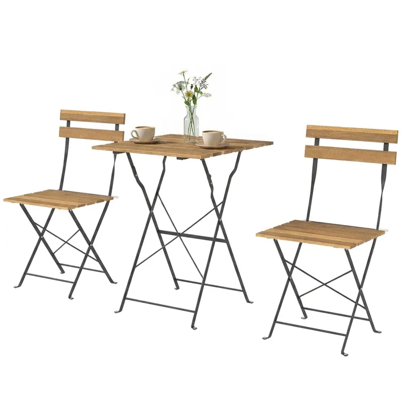 Bistro-Gartenmöbel-Set 3-teilig | Klappbare Stühle &amp; Akazienholz-Tisch | Natur