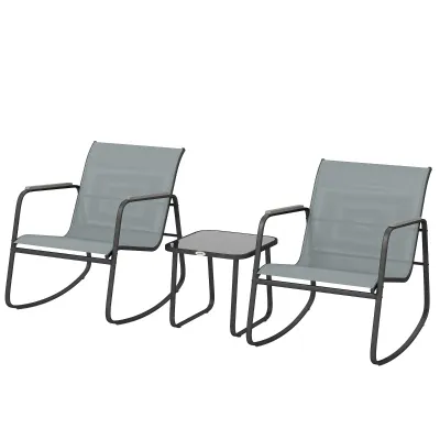 Garten-Set 3-teilig | Schaukelstühle &amp; Glastisch | Grau