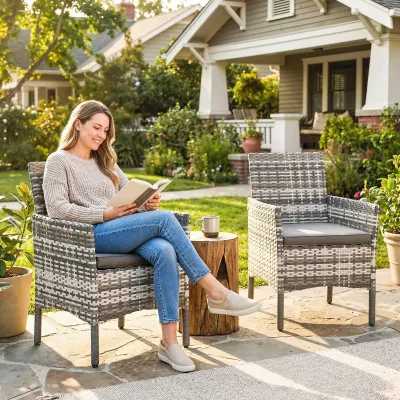 Rattan-Gartenstuhl 2er Set | Abnehmbare Kissen & Stahlrahmen | Grau