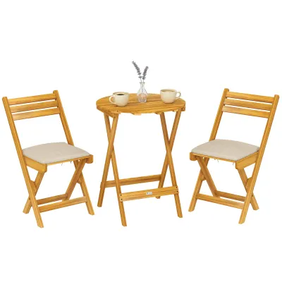 Balkonmöbel Set 3-teilig | FSC Holz klappbar &amp; Lamellensitz | Naturholz+Beige