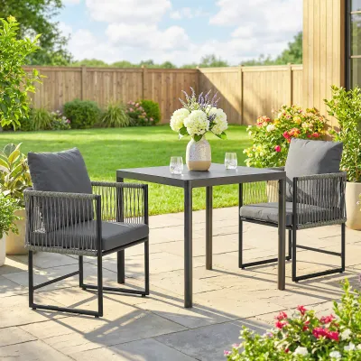 Gartenstuhl 2er Set wetterfest | Stahl PE-Rattan & Kissen | Dunkelgrau