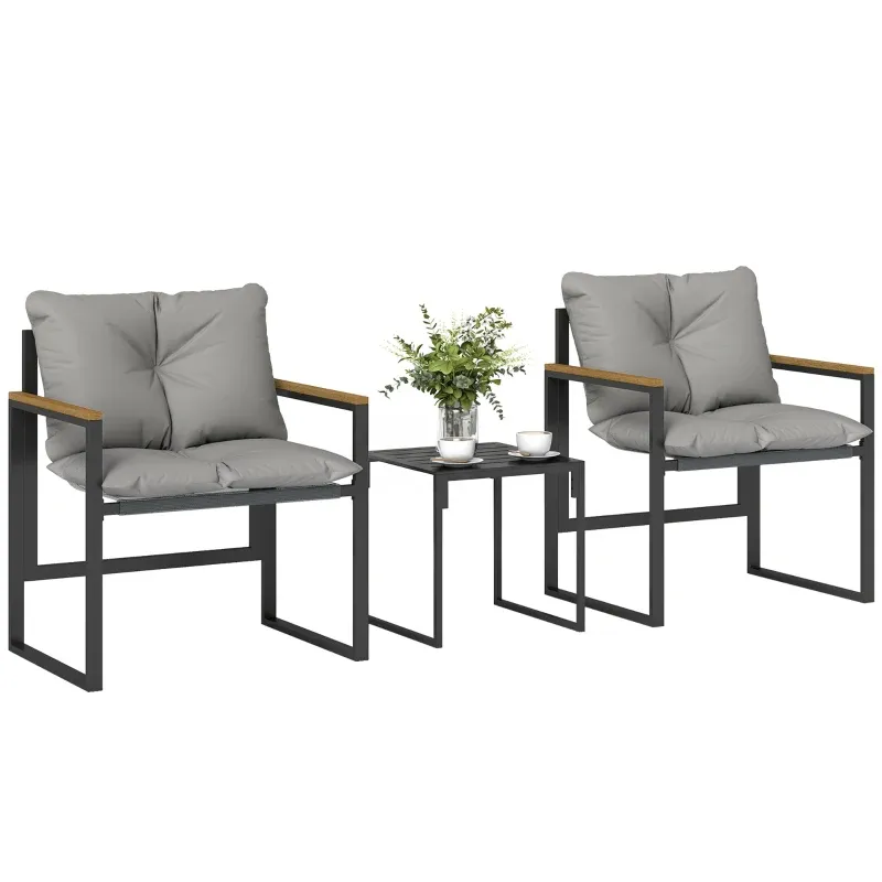 Bistro-Set 2 Personen | Metallrahmen &amp; dicke Polster | Schwarz+Grau+Teak