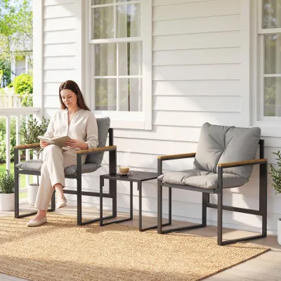 Bistro-Set 2 Personen | Metallrahmen & dicke Polster | Schwarz+Grau+Teak