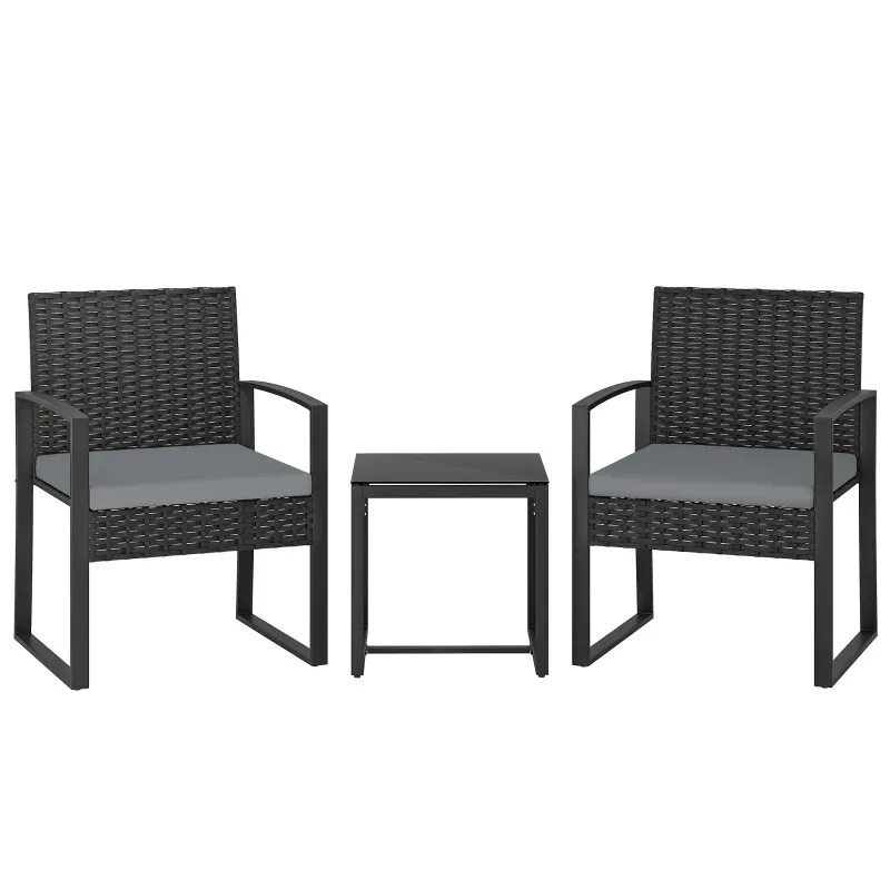 Rattan-Gartenmöbel-Set | 2 Stühle &amp; Glastisch | Grau