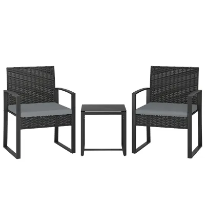 Rattan-Gartenmöbel-Set | 2 Stühle &amp; Glastisch | Grau